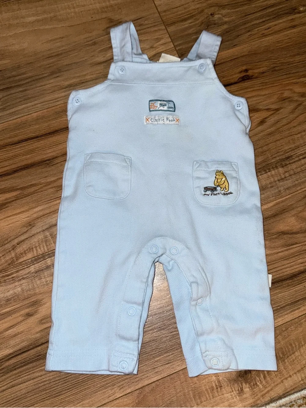 Vintage Disney Baby Classic Pooh My First Wagon Blue Romper Overalls 6M